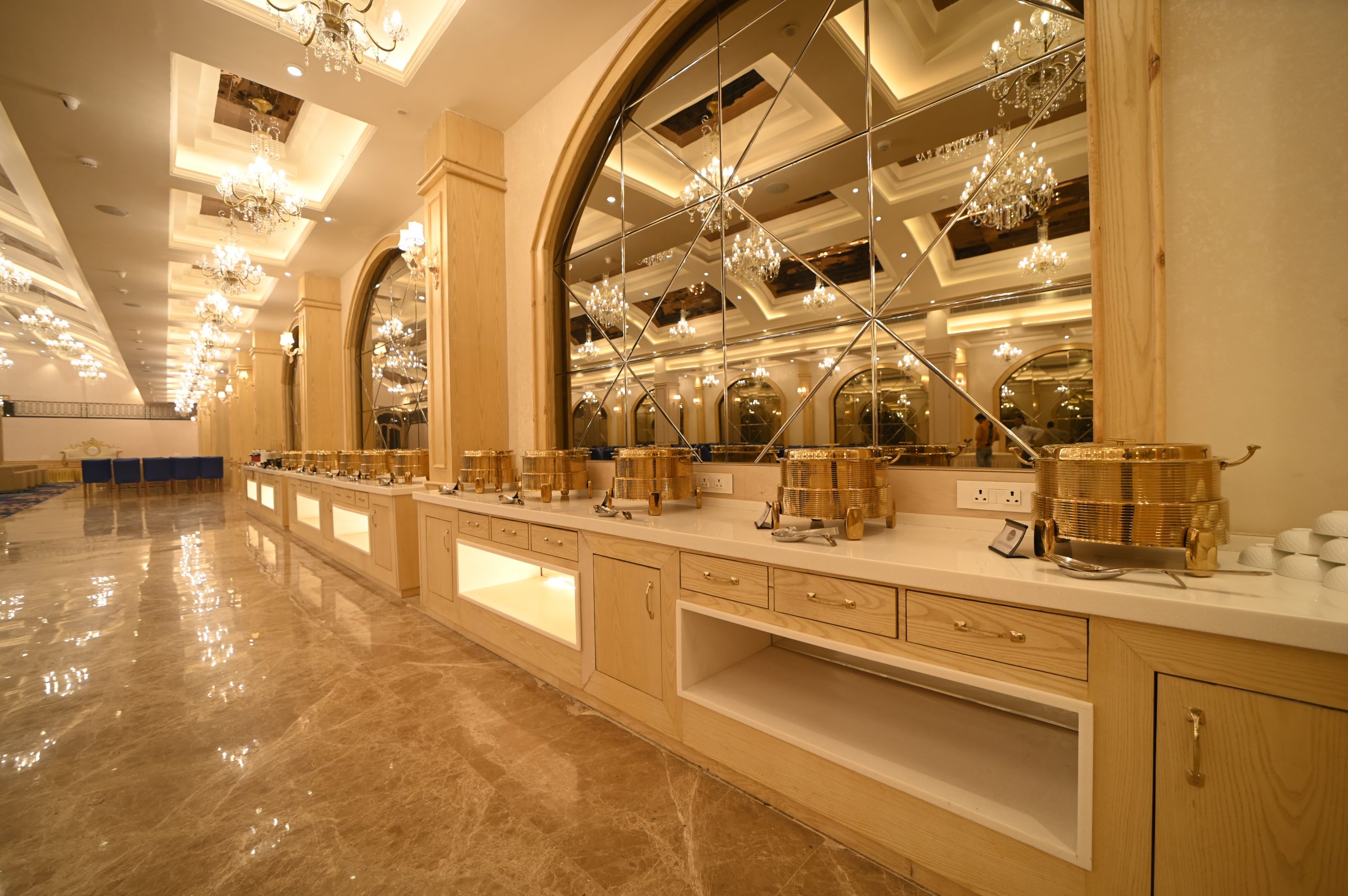 food serving chafing dishes at the palace banquet hall in Aligarh